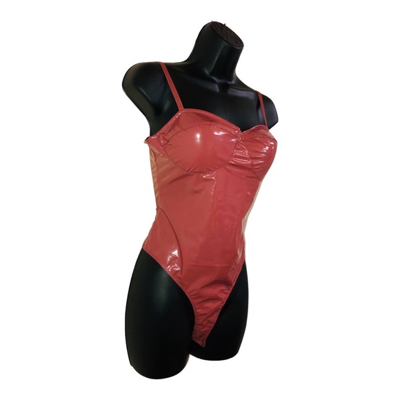 Mauve brown Pleather glossy padded spaghetti strap bustier bodysuit size Large - Picture 6 of 15